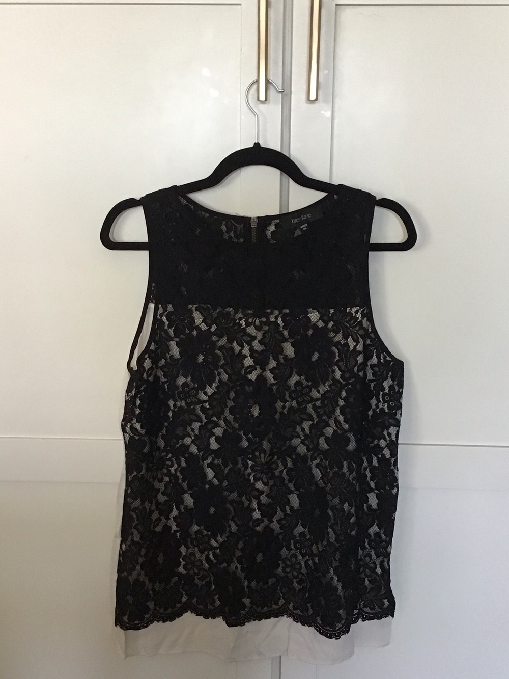Karen Kane Black Lace Overlay Cream Hem Sleeveless Blouse